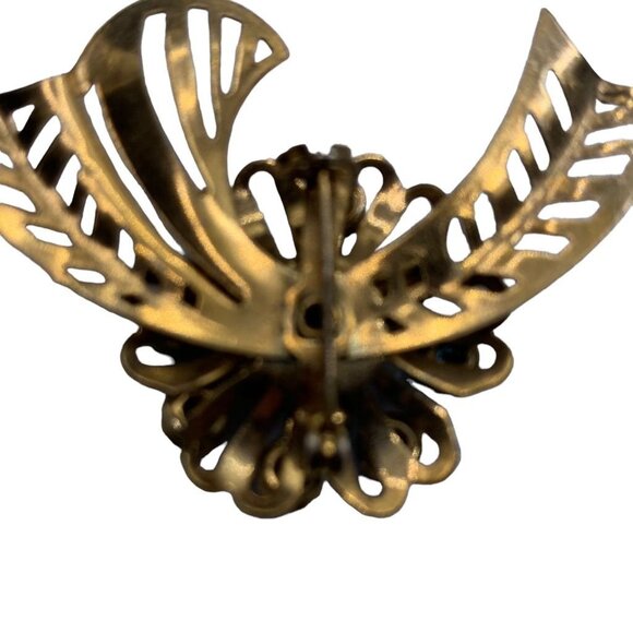 Vintage Blue Faceted Flower Gold Tone Fashion Brooch Pin Open Work Round Stones - Picture 9 of 9